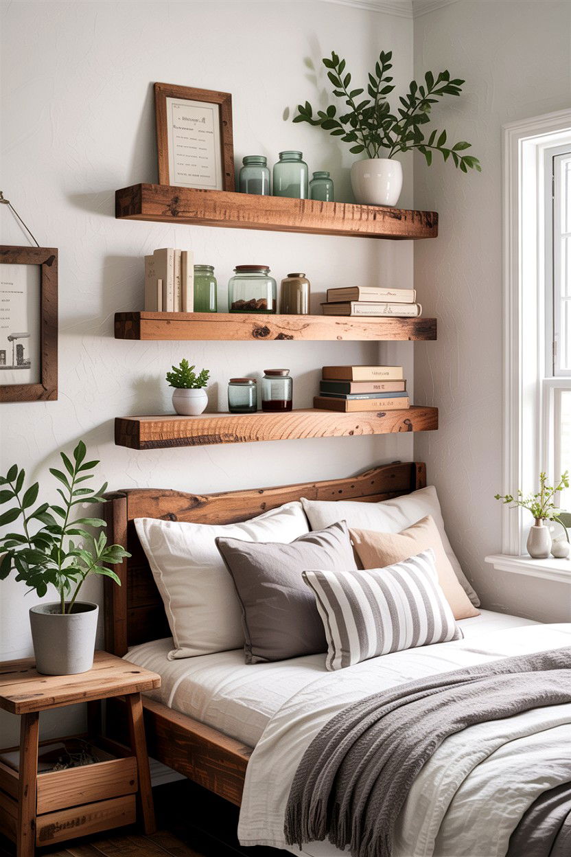 Rustic Floating Shelves - 30 farmhouse bedroom ideas