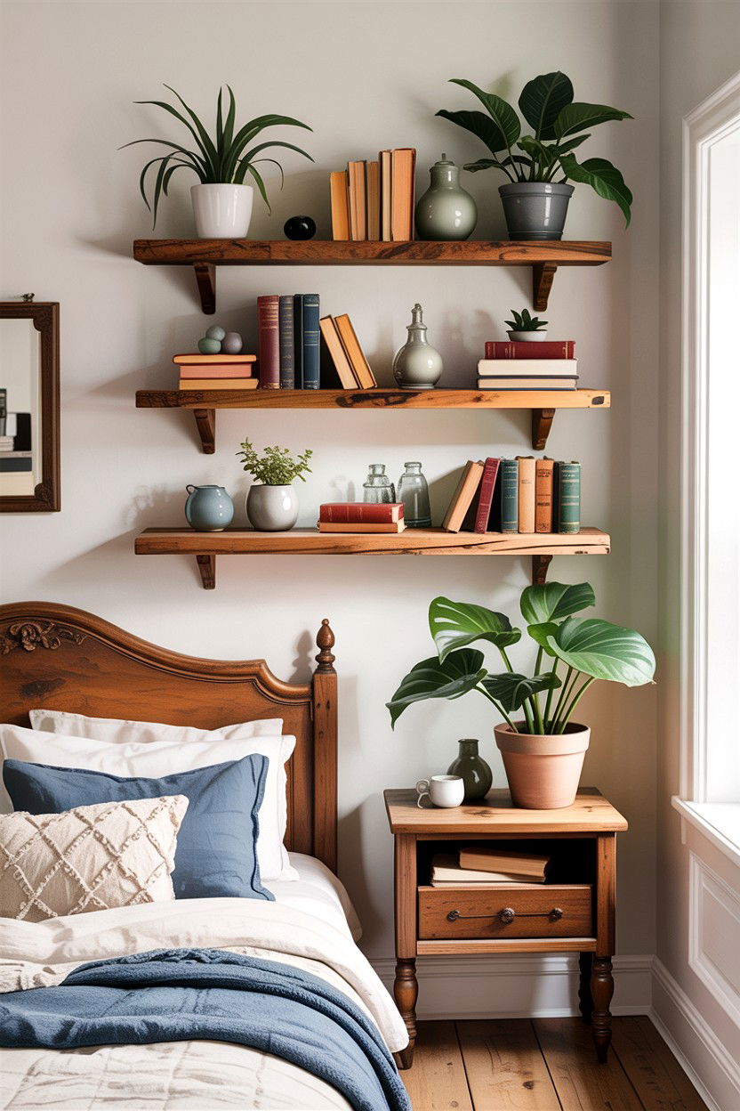 Rustic Floating Wood Shelves - 30 cottage core bedroom ideas