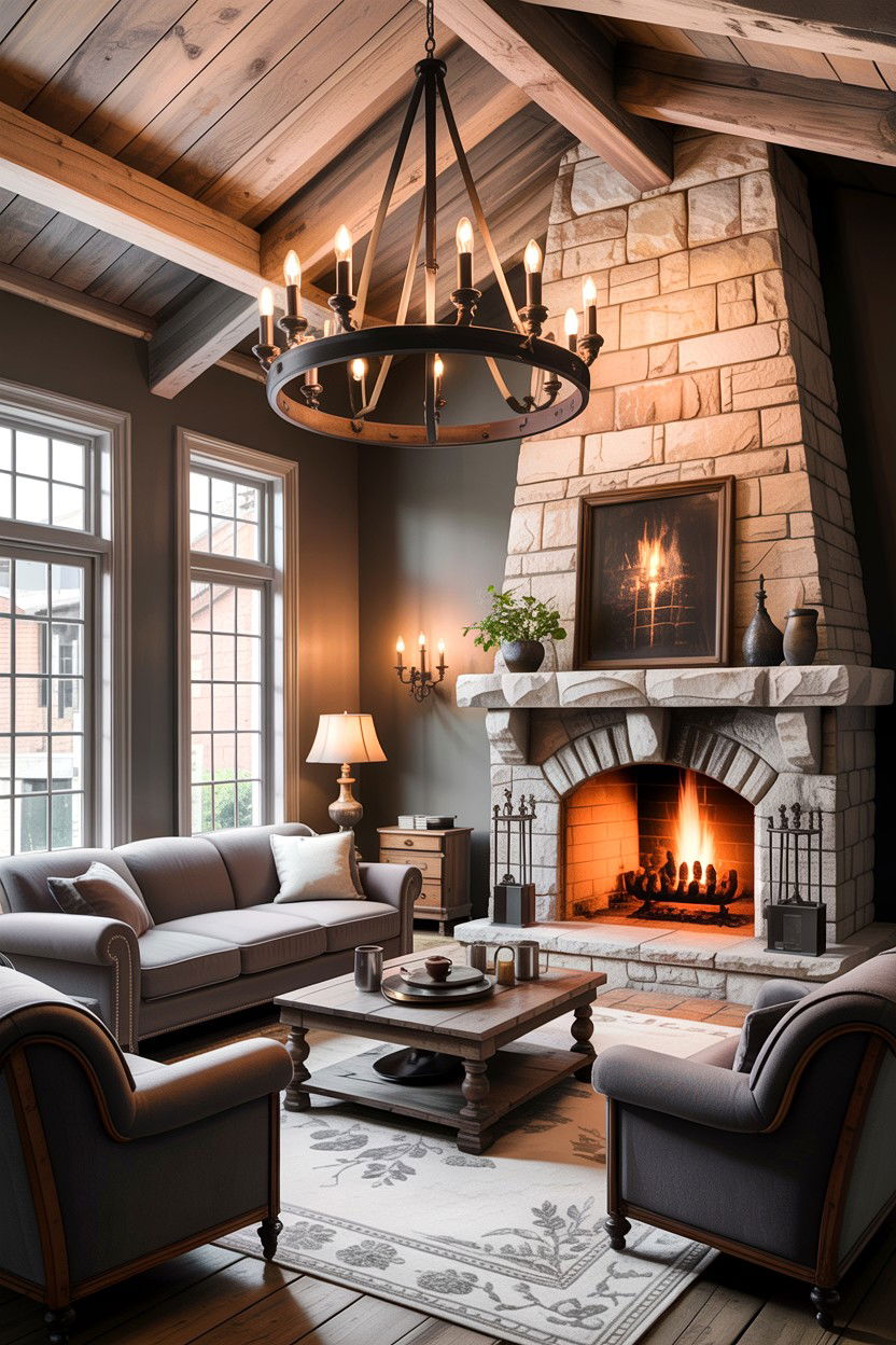 Rustic Grey Living Room With Chandelier - 30 rustic grey living room ideas