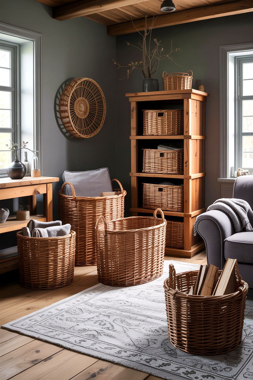Rustic Grey Living Room With Wicker Baskets - 30 rustic grey living room ideas