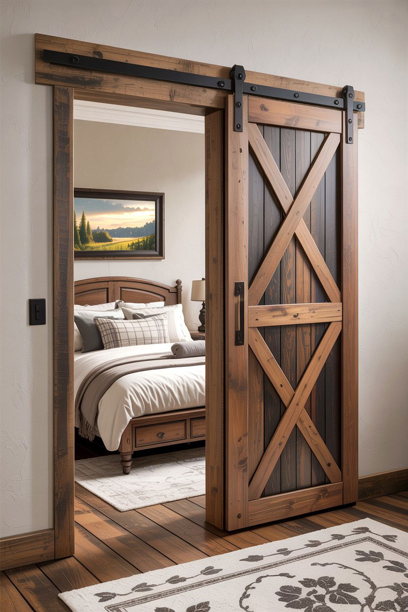 Rustic Sliding Barn Door - 30 farmhouse bedroom ideas