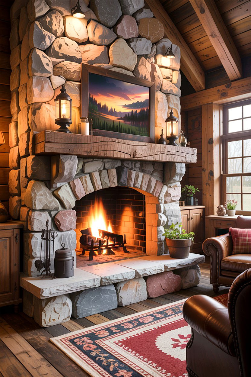 Rustic Stone Fireplace - 30 living room fireplace mantel ideas