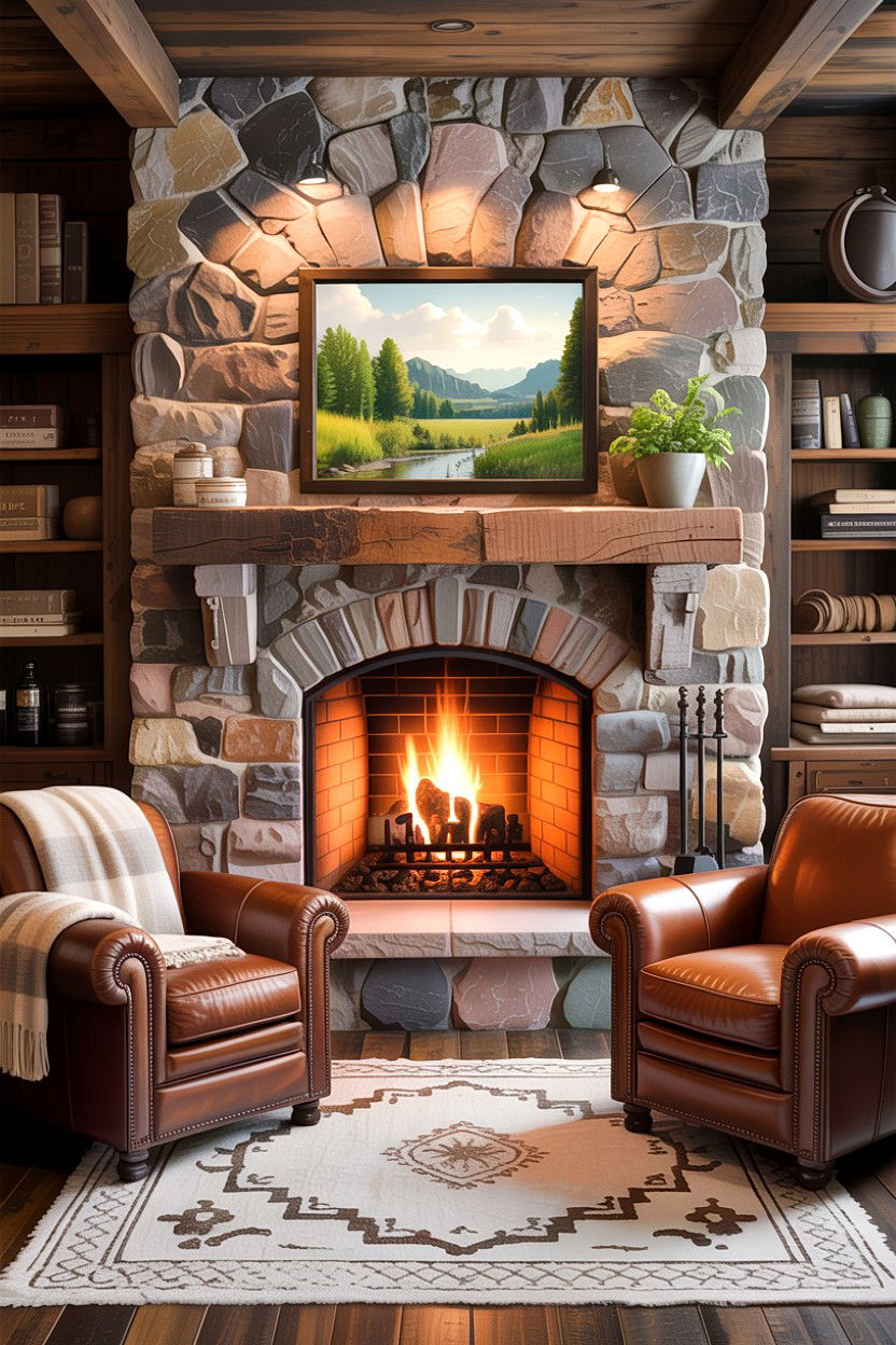Rustic Stone Fireplace Living Room - 30 New England living room ideas