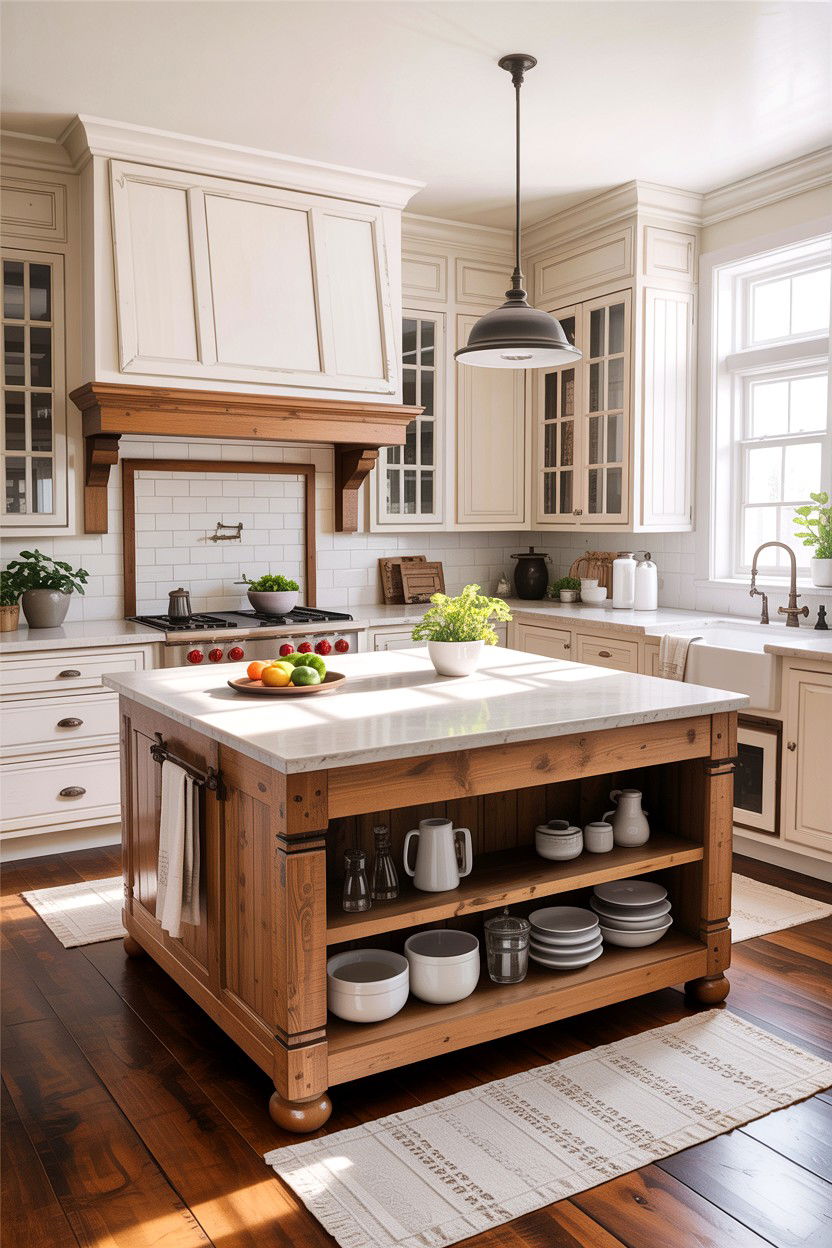 Rustic Tan Wood Island White Cabinets - 30 tan and white kitchen ideas