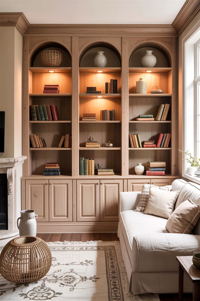 Rustic beige living room built in shelves - 30 rustic beige living room ideas