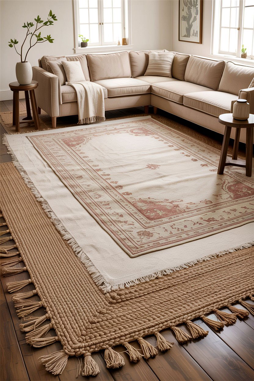 Rustic beige living room layered rugs - 30 rustic beige living room ideas