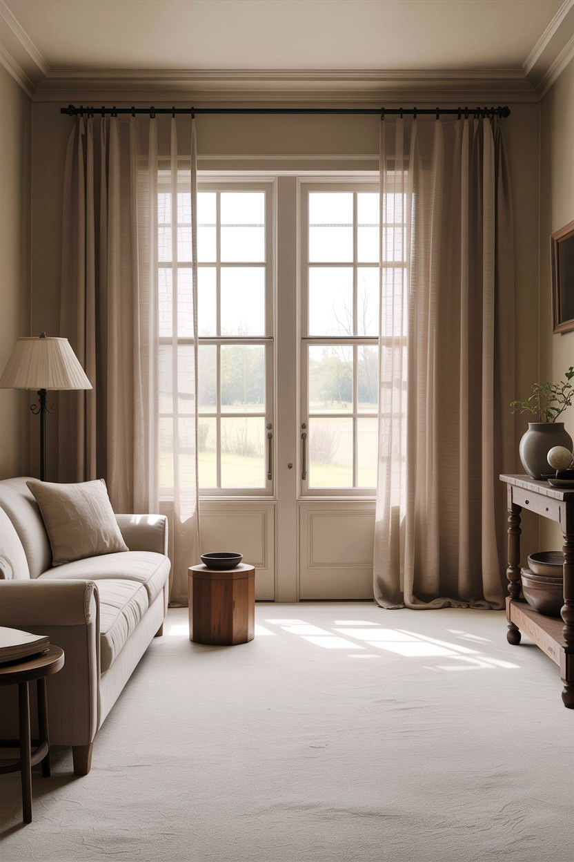 Rustic beige living room neutral curtains - 30 rustic beige living room ideas