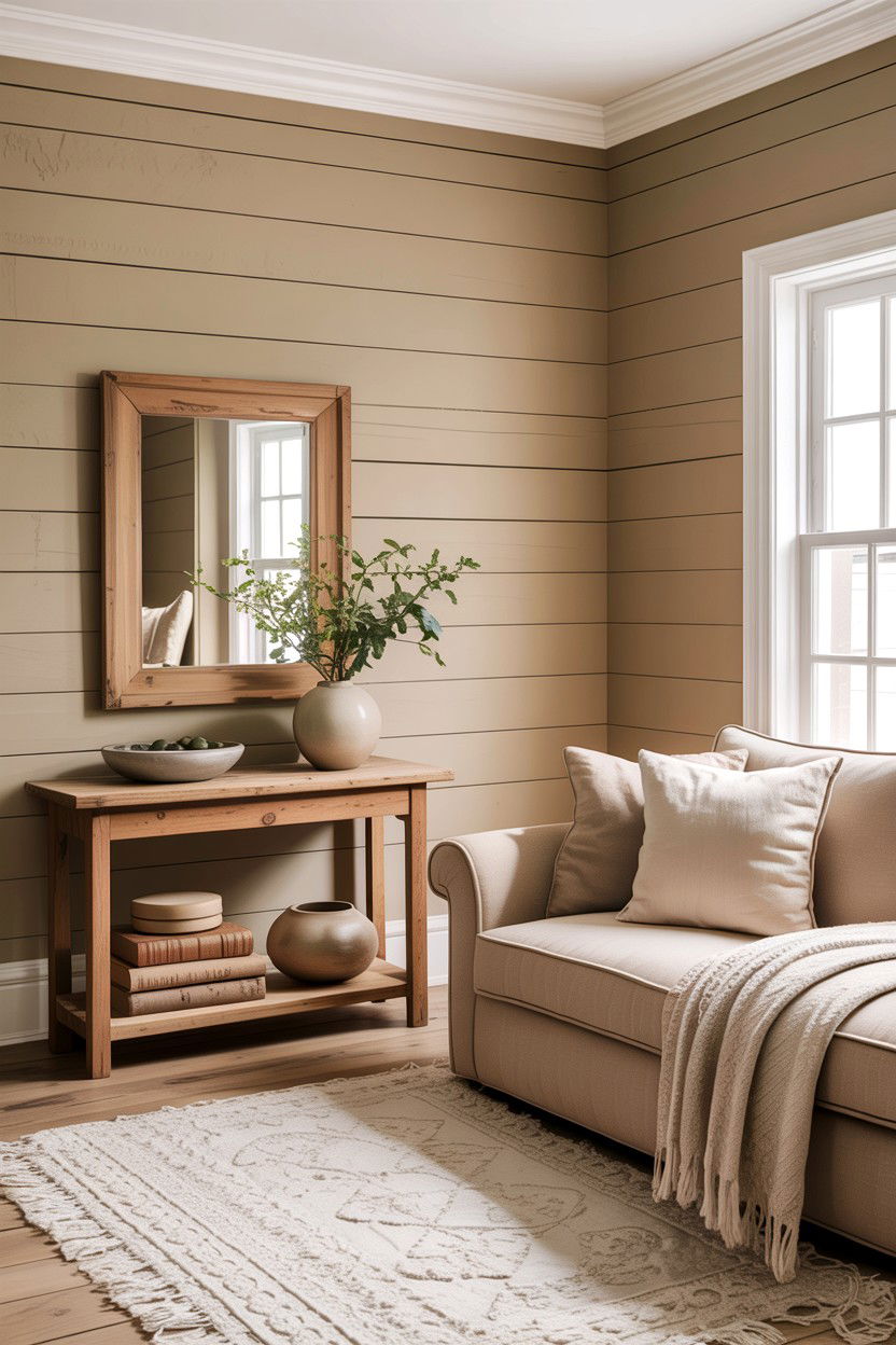 Rustic beige living room shiplap walls - 30 rustic beige living room ideas