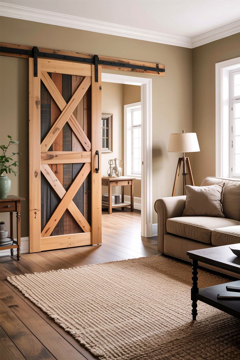 Rustic beige living room sliding barn door - 30 rustic beige living room ideas