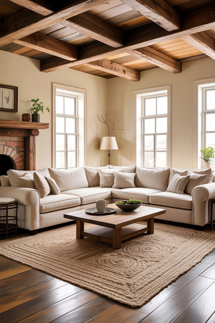 Rustic beige living room wood beams - 30 rustic beige living room ideas