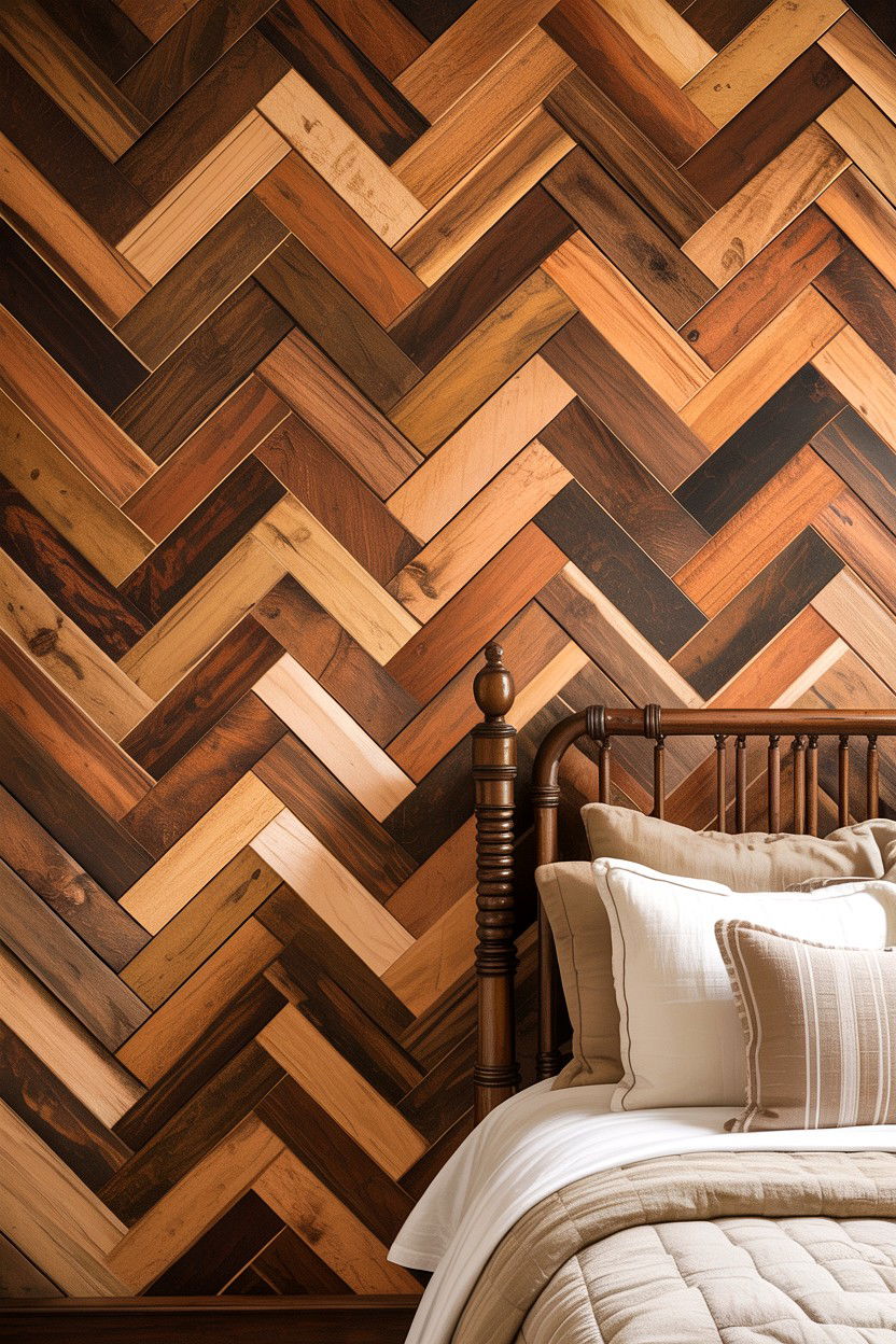 Rustic brown herringbone wall - 30 bedroom herringbone wall ideas