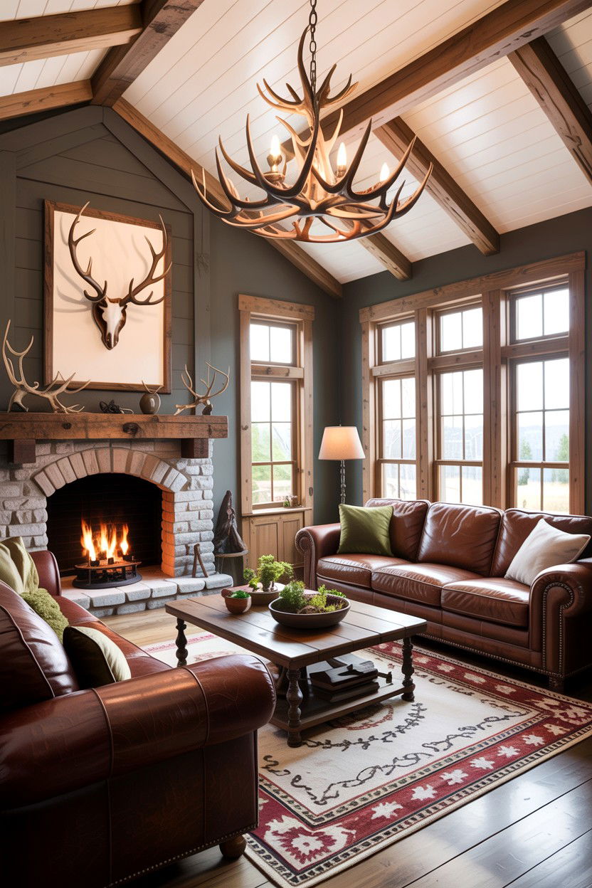 Rustic gray living room with antler decor - 30 rustic gray living room ideas