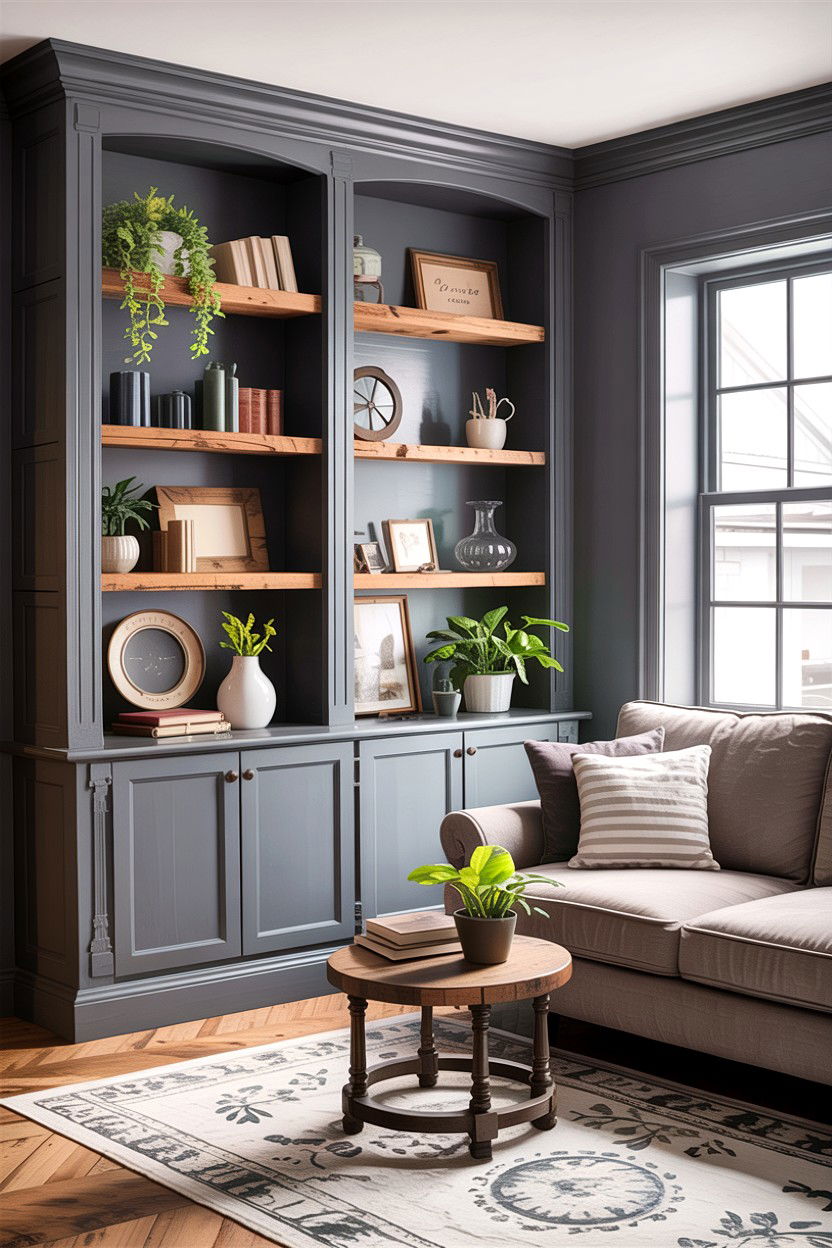 Rustic gray living room with built in shelves - 30 rustic gray living room ideas