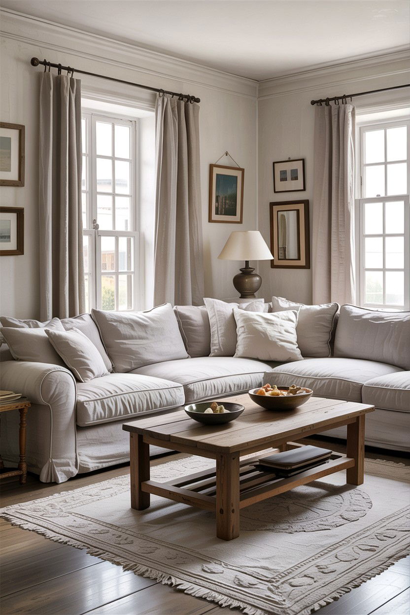 Rustic gray living room with linen sofa - 30 rustic gray living room ideas