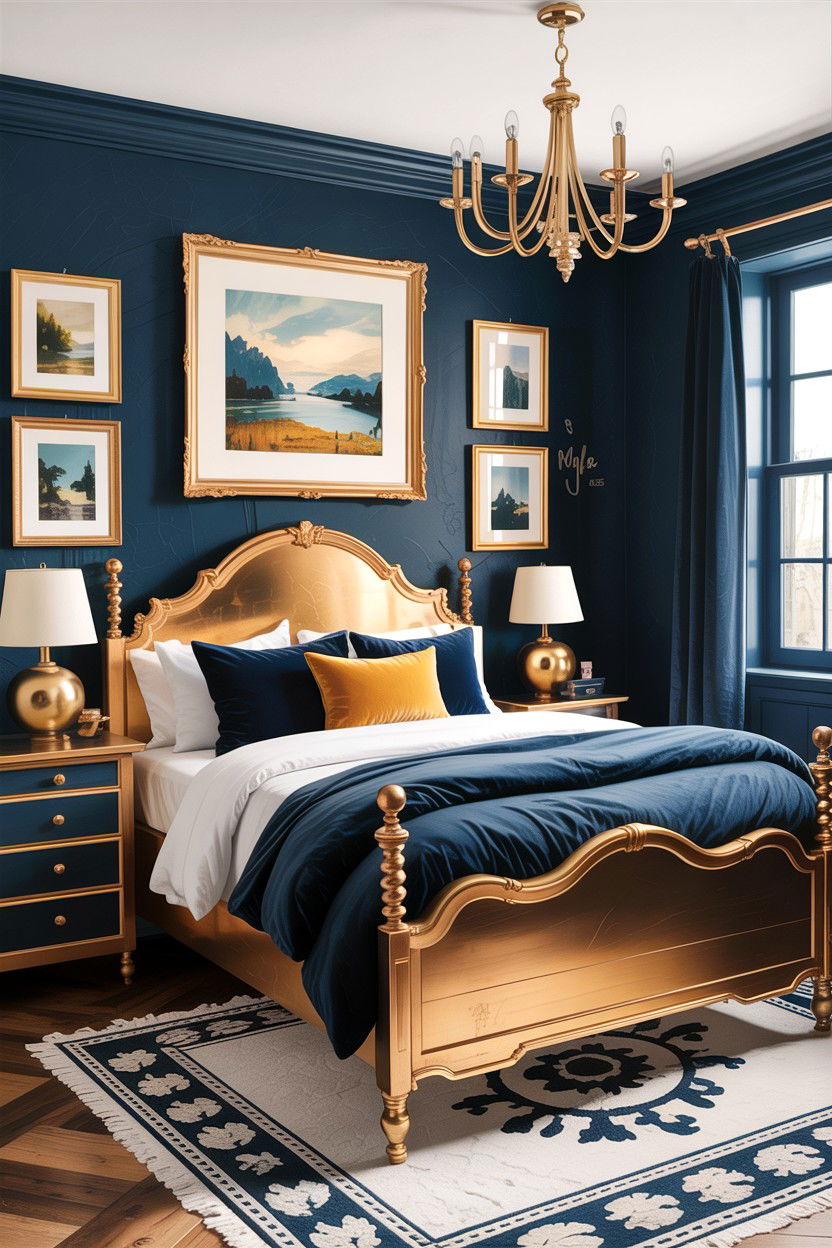 Rustic navy and gold bedroom - 30 rustic navy bedroom ideas