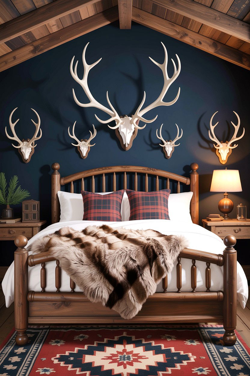 Rustic navy bedroom with antler decor - 30 rustic navy bedroom ideas