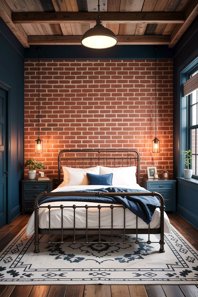 Rustic navy bedroom with exposed brick - 30 rustic navy bedroom ideas