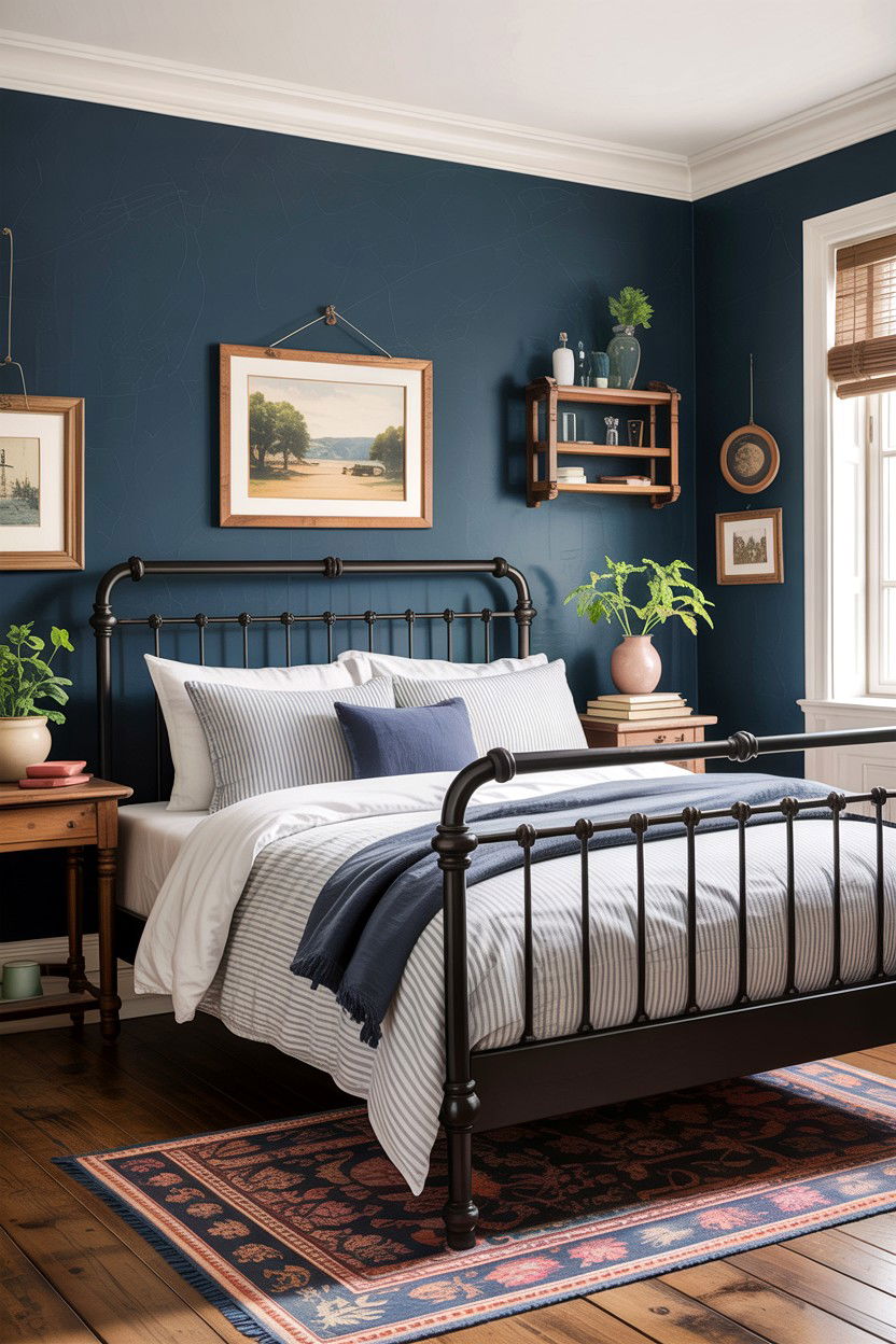 Rustic navy bedroom with iron bed frame - 30 rustic navy bedroom ideas