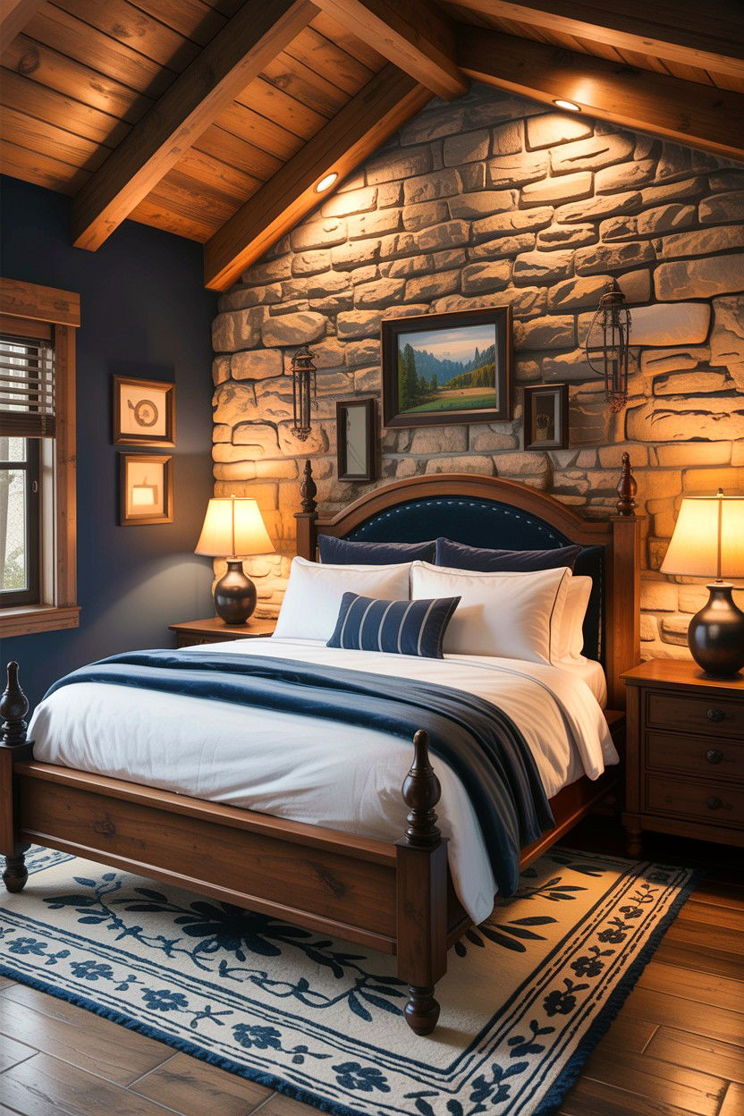 Rustic navy bedroom with stone wall - 30 rustic navy bedroom ideas