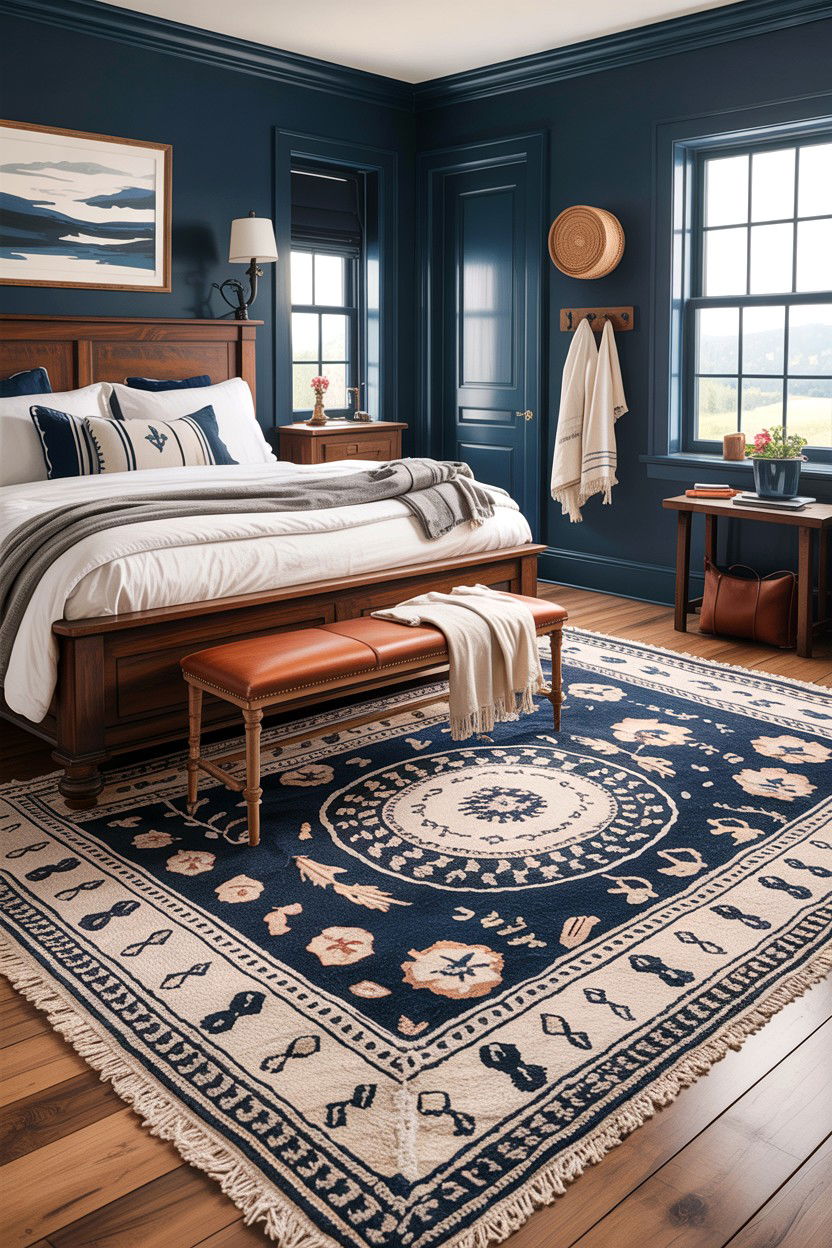 Rustic navy bedroom with woven rug - 30 rustic navy bedroom ideas