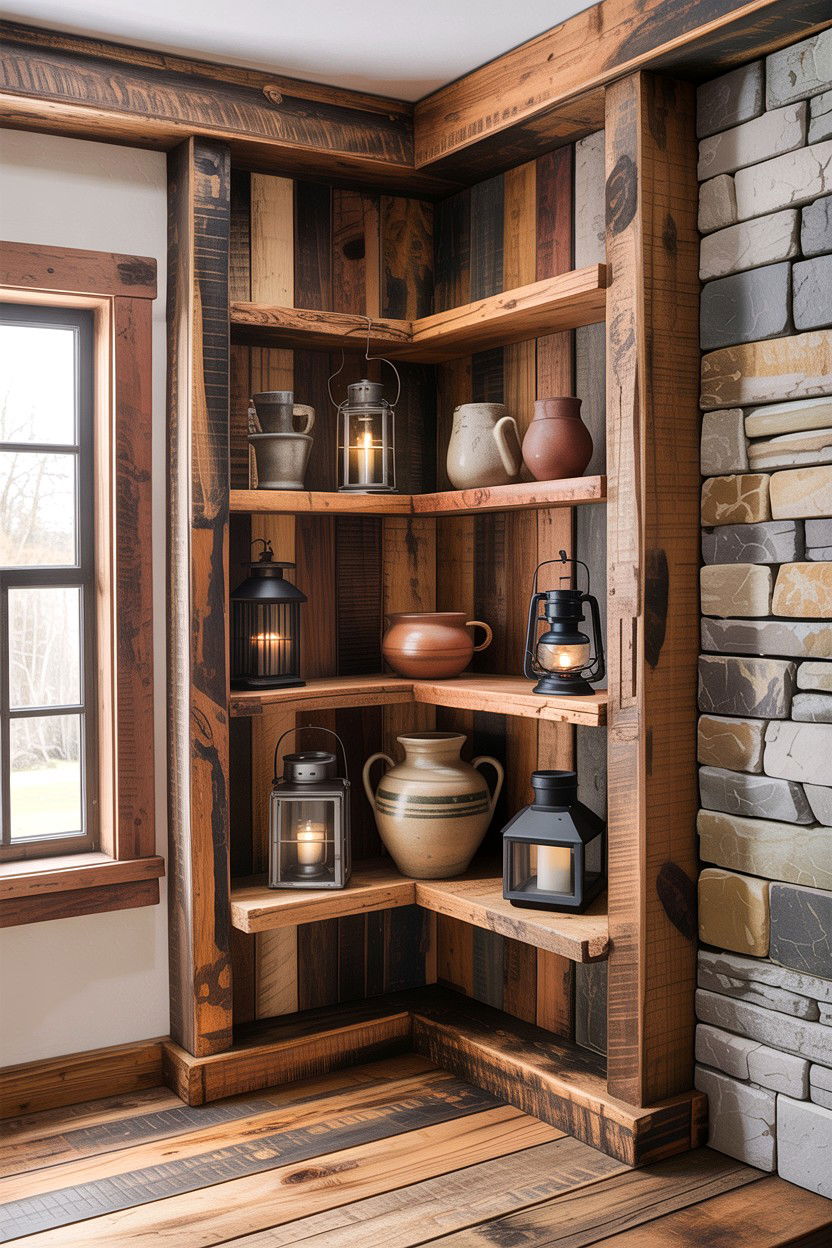 Rustic reclaimed wood corner shelf - 30 living room corner shelf ideas