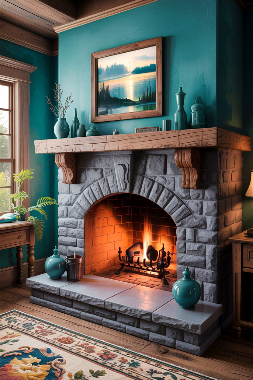 Rustic teal stone fireplace room - 30 rustic teal living room ideas