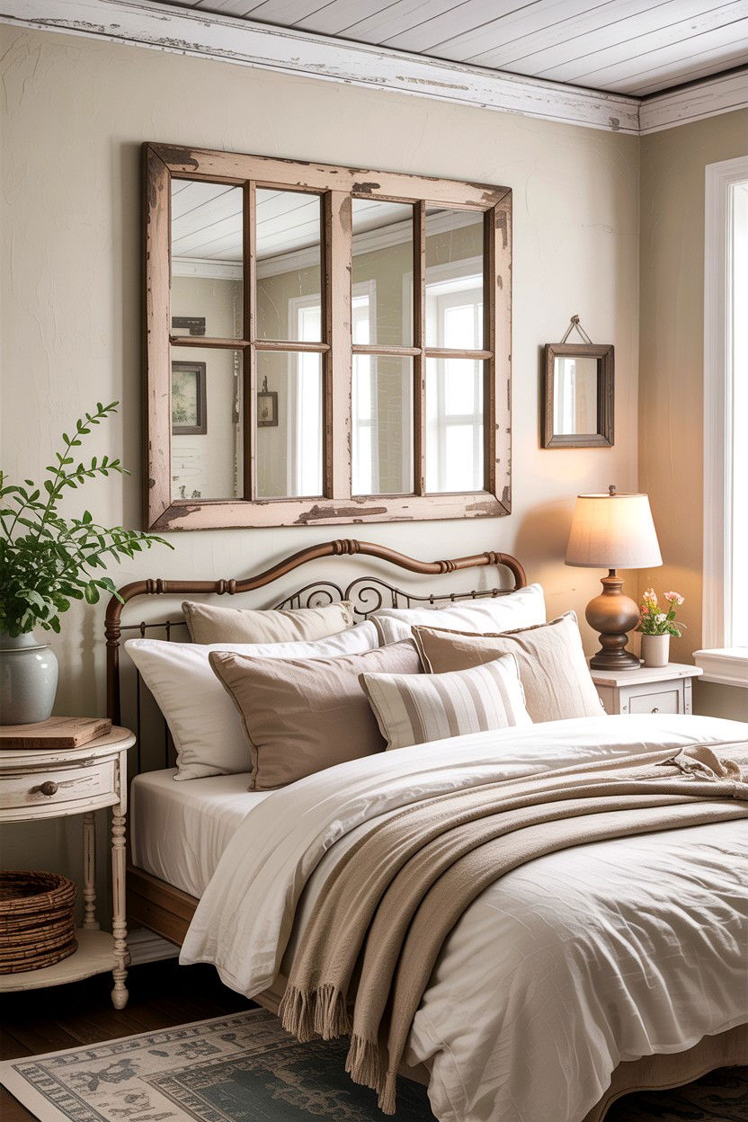 Rustic window pane decor - 30 rustic cream bedroom ideas