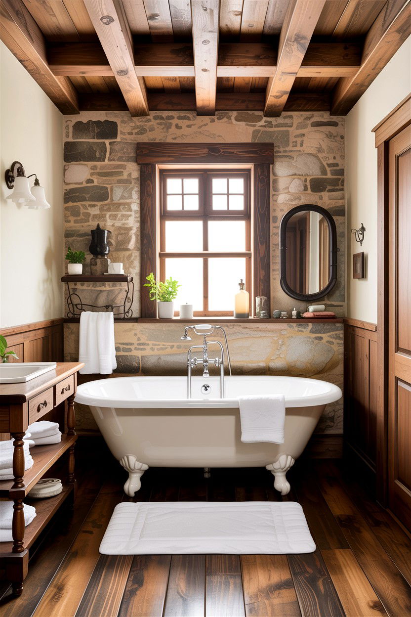 Rustic wood ceiling beams - 30 antique bathroom ideas