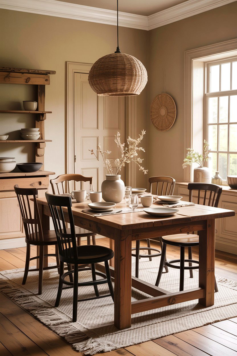 Rustic wood dining table - 30 warm beige dining room ideas