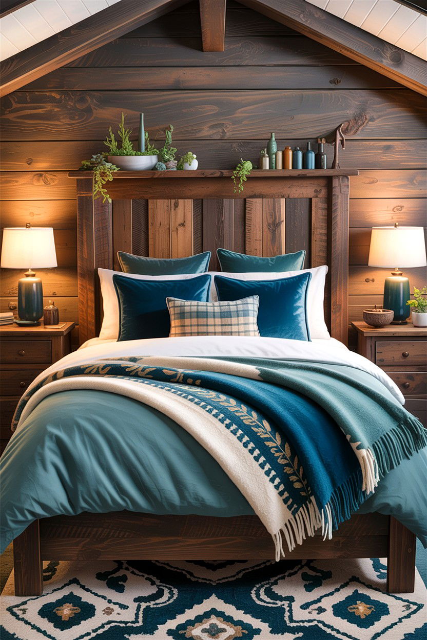 Rustic wood headboard teal bedding - 30 rustic teal bedroom ideas