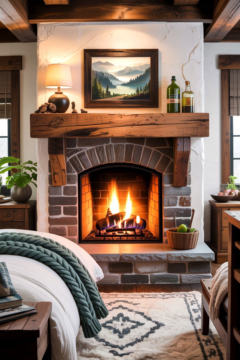 Rustic wood mantel fireplace - 30 bedroom wood burning fireplace ideas