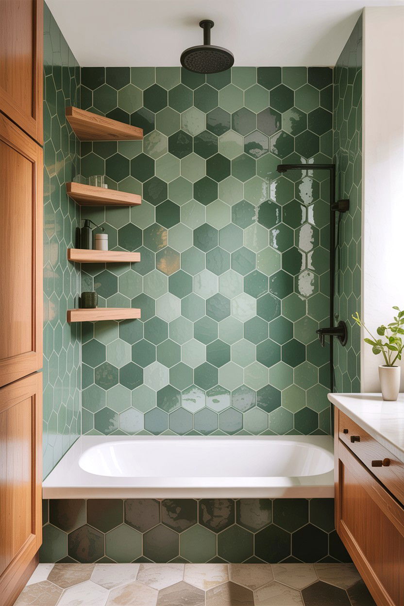 Sage Green Hexagon Tile Shower Wall - 30 hexagon tile bathroom ideas