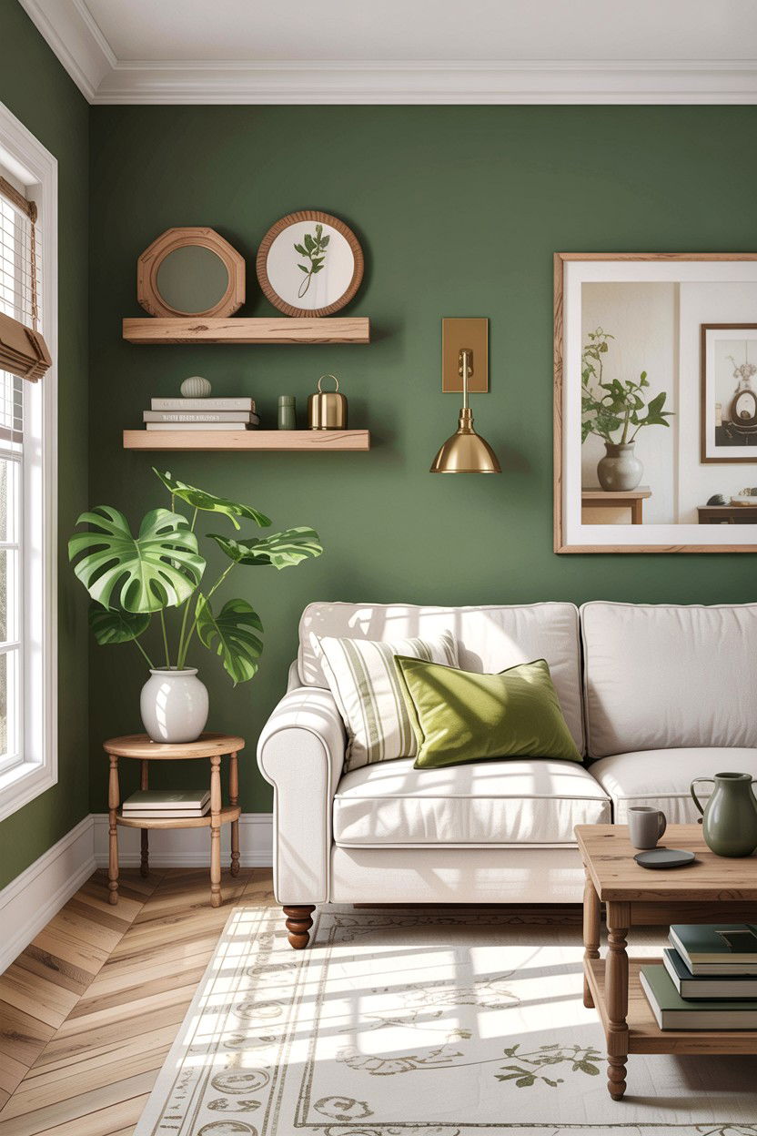 Sage green accent wall living room - 30 sage and white living room ideas