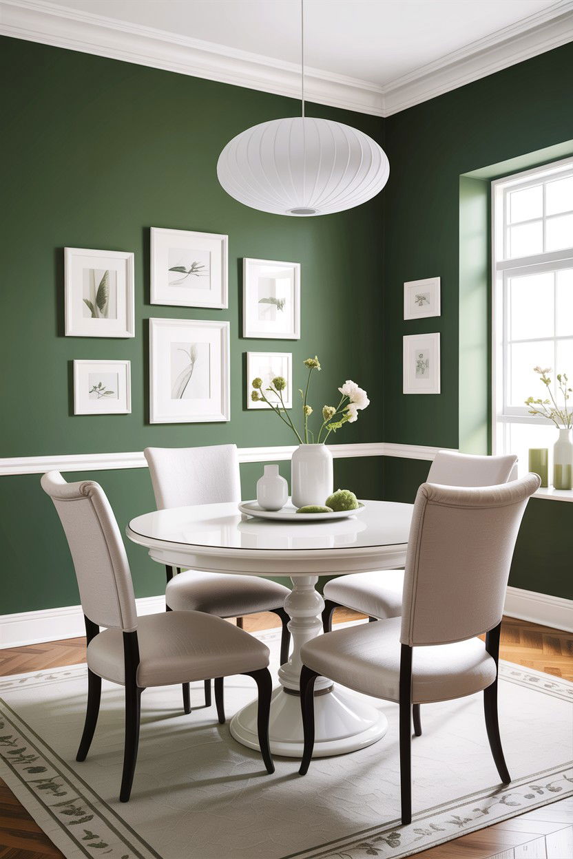 Sage green accent wall with white furniture - 30 sage and white dining room ideas