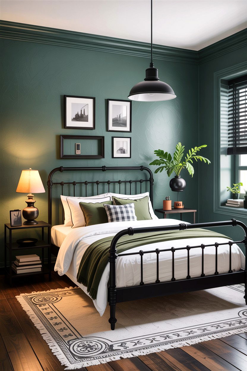 Sage green and black metal accents - 30 sage bedroom decor ideas