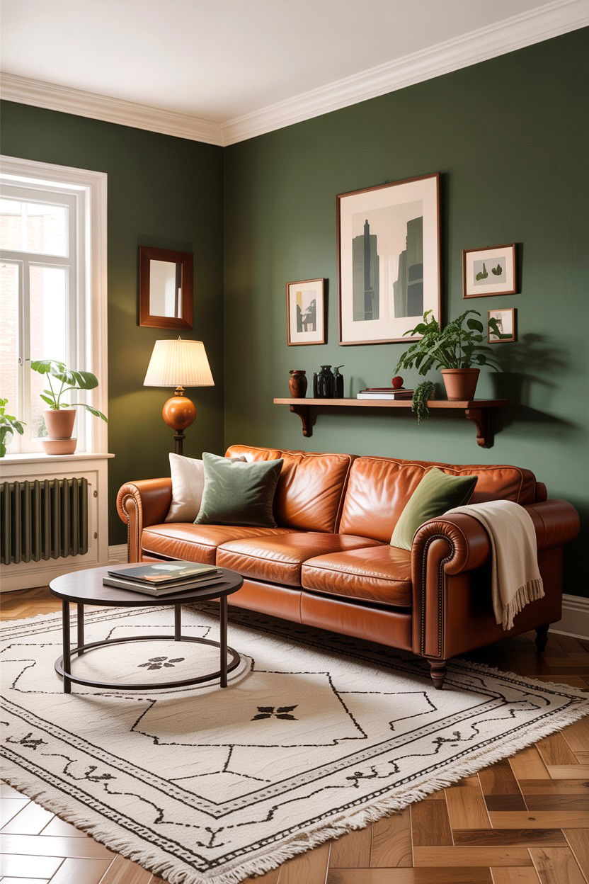 Sage green and leather furniture living room - 30 sage living room decor ideas