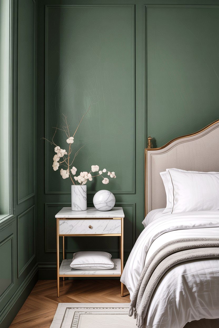 Sage green and marble accents - 30 sage bedroom decor ideas
