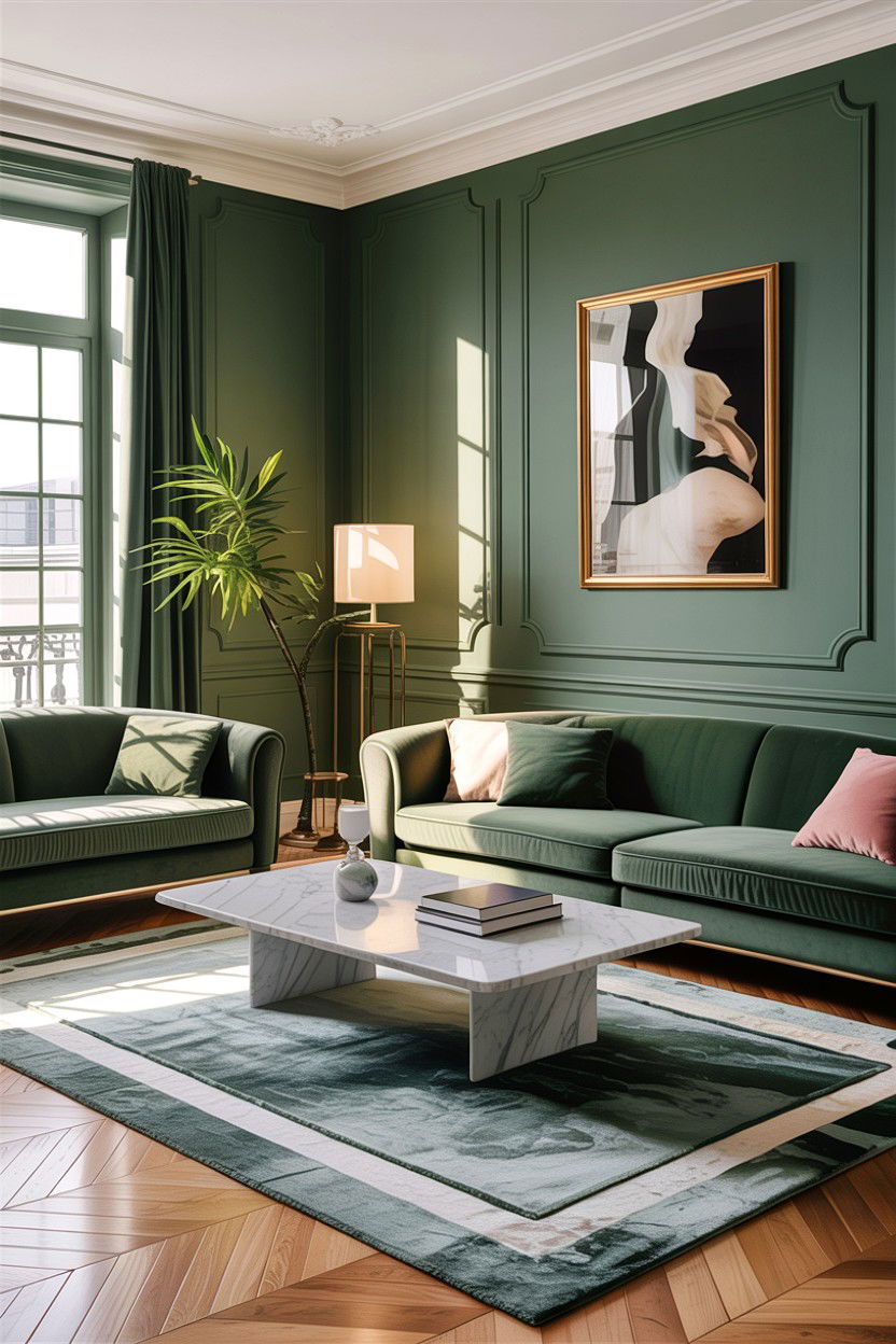 Sage green and marble living room - 30 sage living room decor ideas