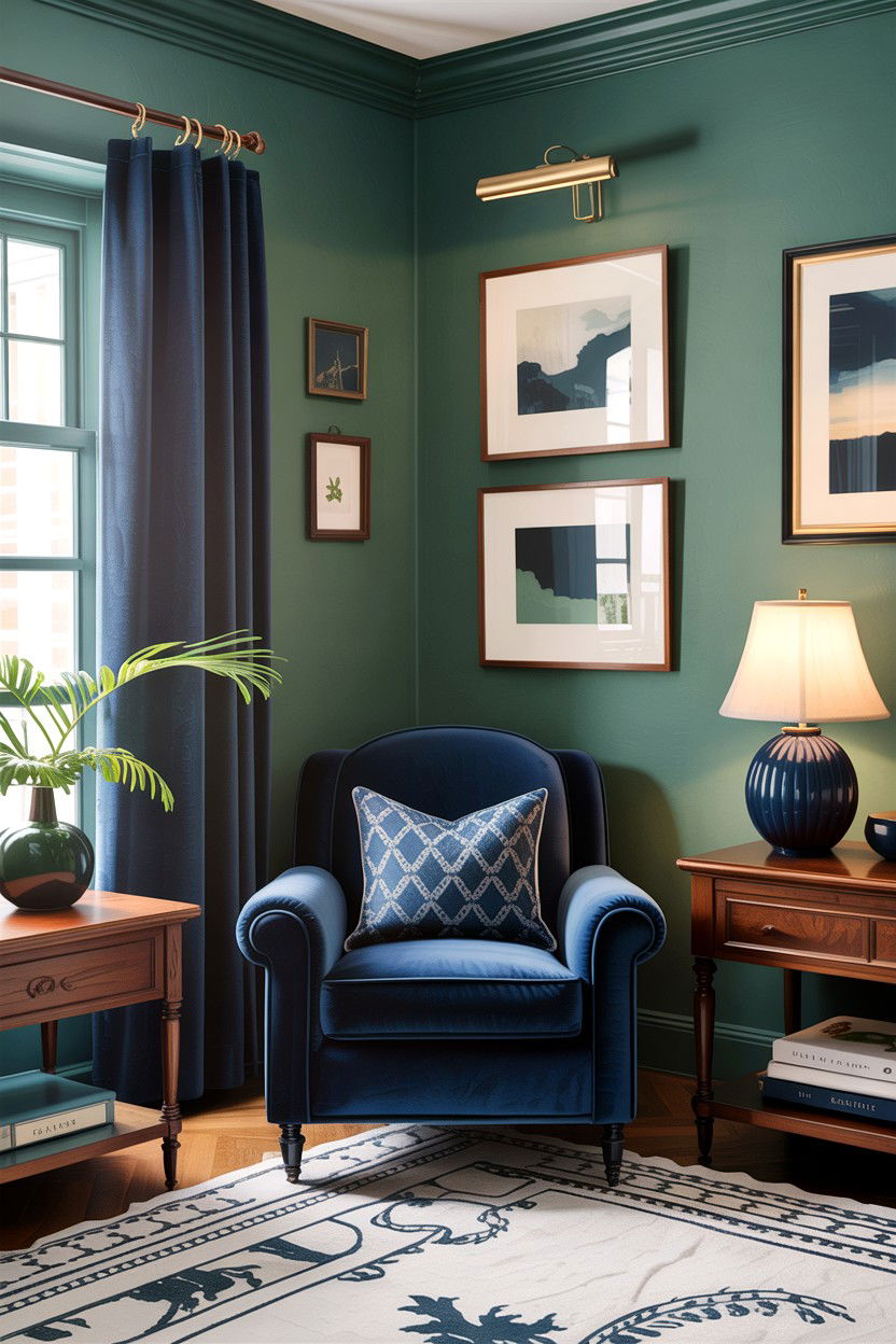 Sage green and navy blue contrast - 30 sage bedroom decor ideas