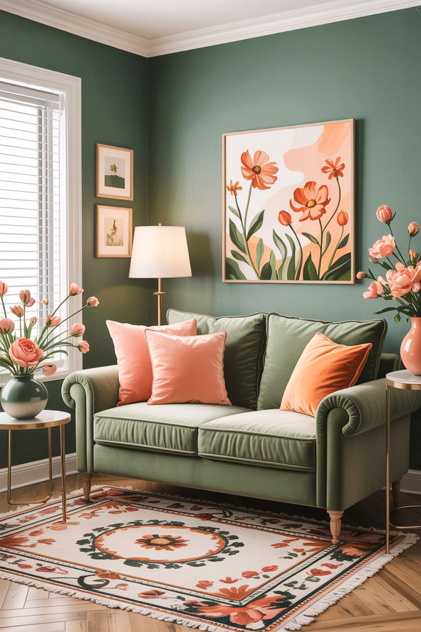 Sage green and peach accents - 30 sage bedroom decor ideas