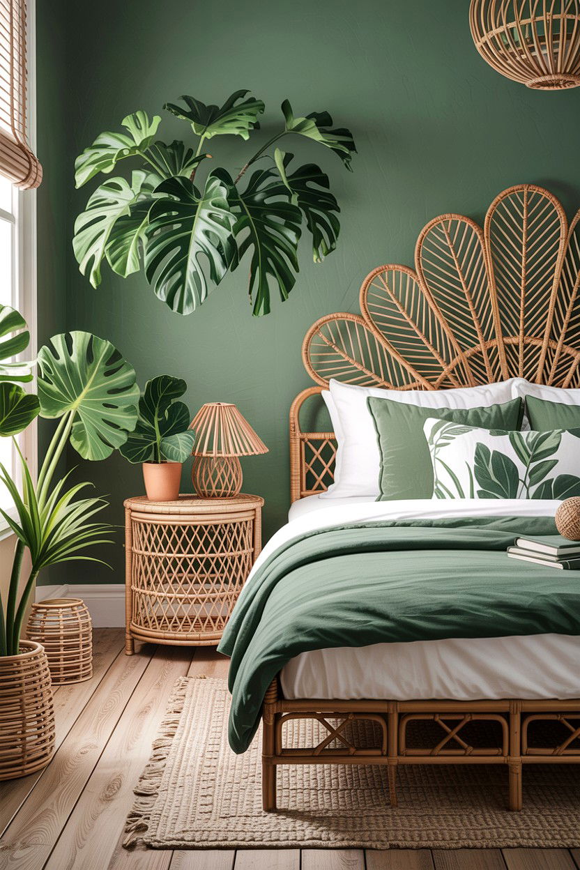 Sage green and rattan furniture - 30 sage bedroom decor ideas