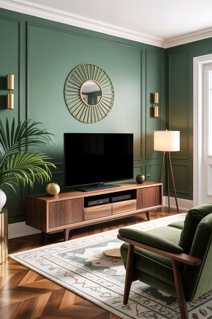 Sage green and walnut wood living room - 30 sage living room decor ideas