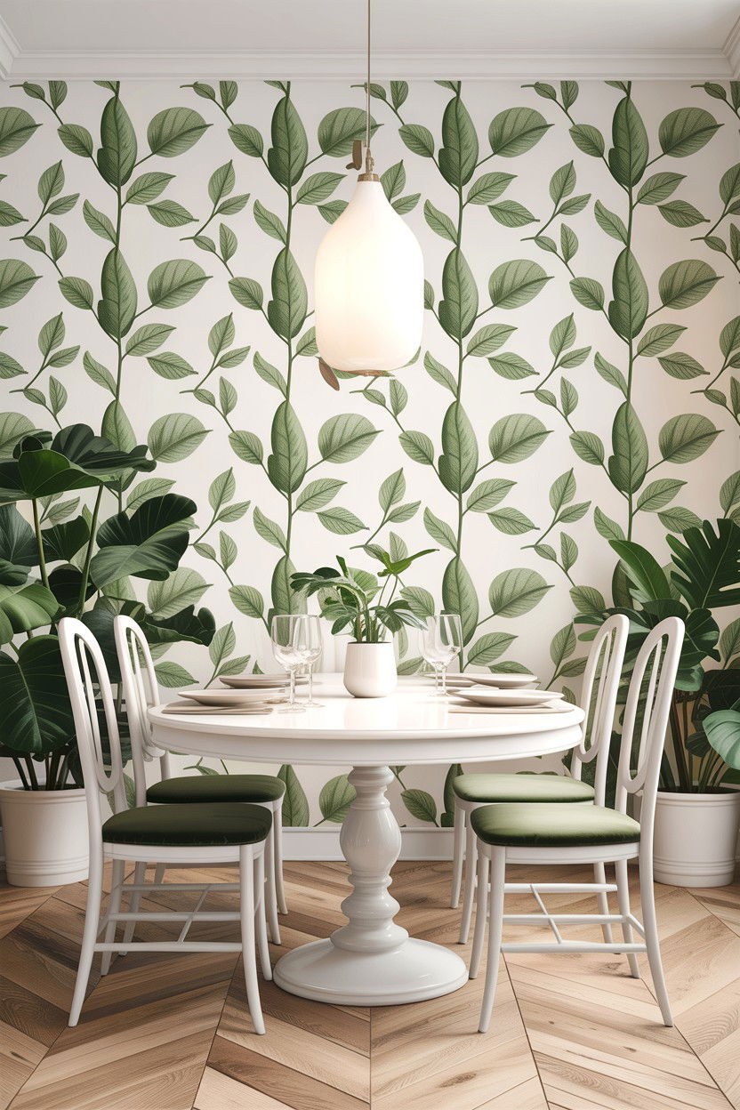 Sage green and white botanical dining room - 30 sage and white dining room ideas