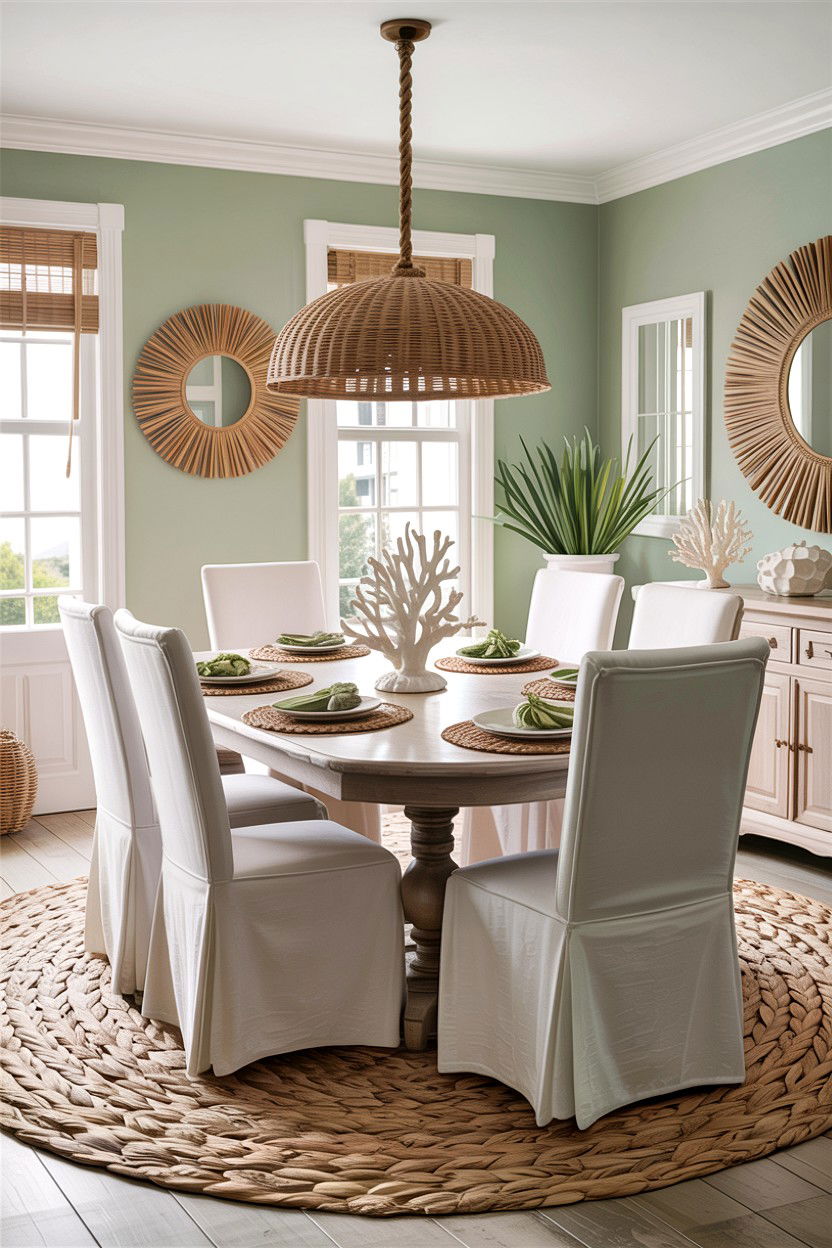 Sage green and white coastal dining room - 30 sage and white dining room ideas