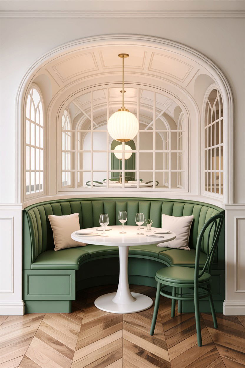 Sage green and white dining room with banquette - 30 sage and white dining room ideas