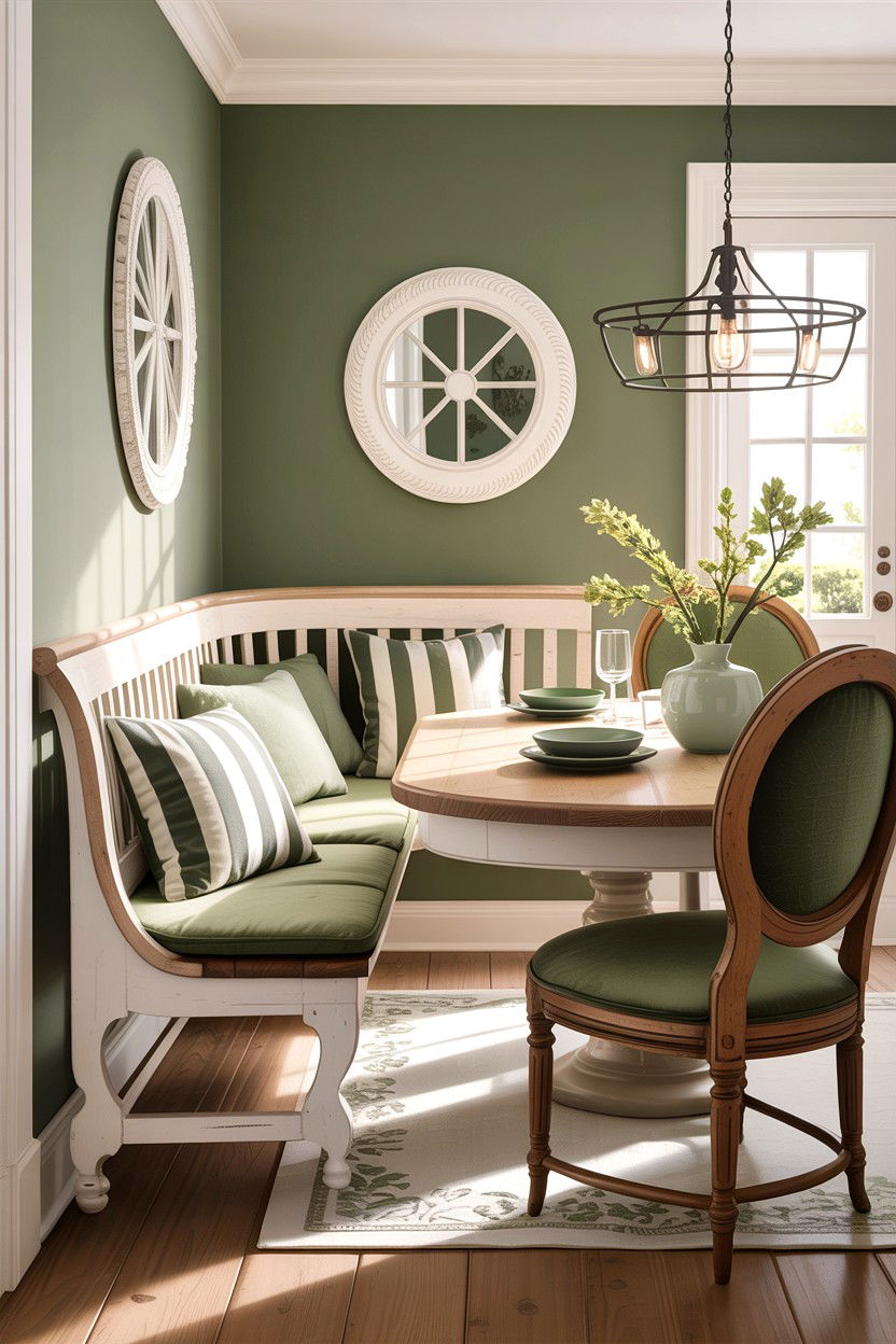 Sage green and white dining room with bench seating - 30 sage and white dining room ideas