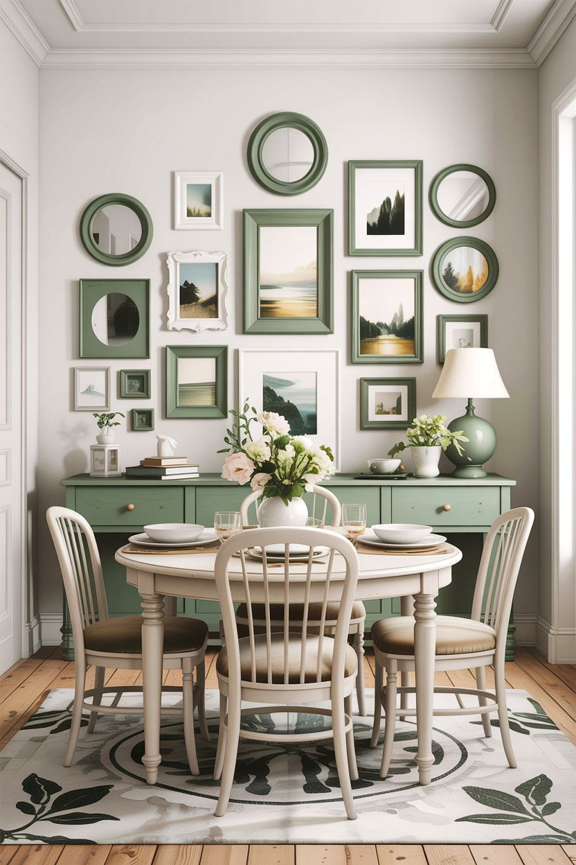 Sage green and white dining room with gallery wall - 30 sage and white dining room ideas