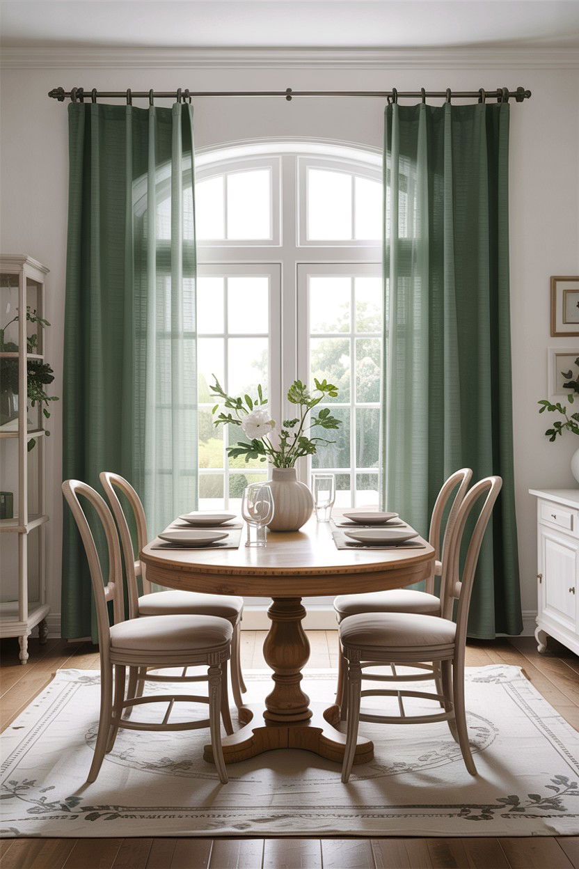 Sage green and white dining room with linen curtains - 30 sage and white dining room ideas