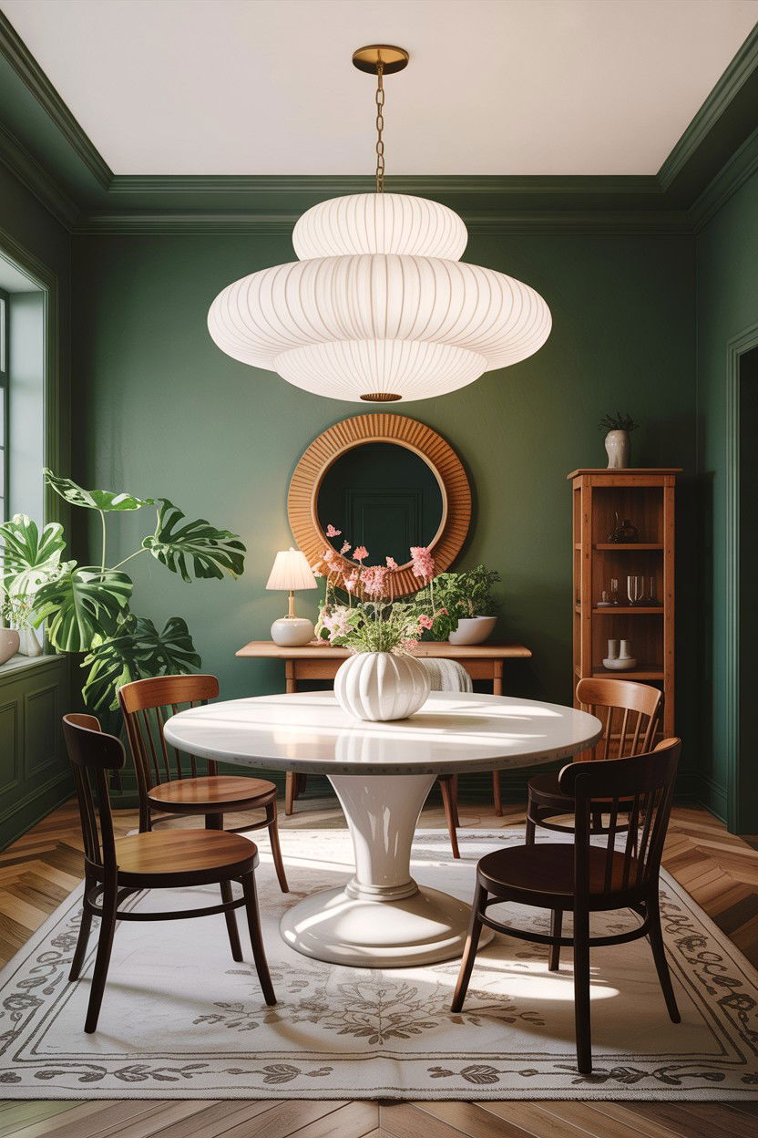 Sage green and white dining room with statement lighting - 30 sage and white dining room ideas