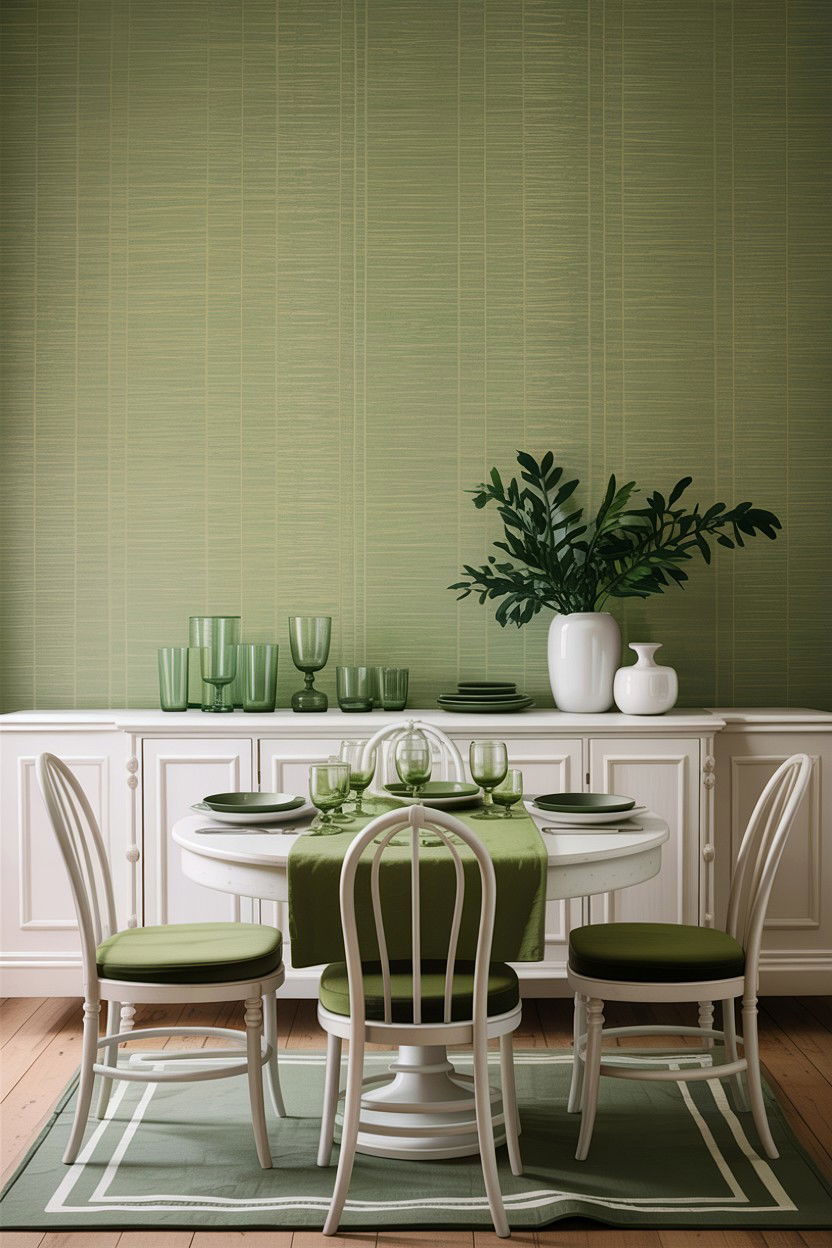 Sage green and white dining room with wallpaper - 30 sage and white dining room ideas